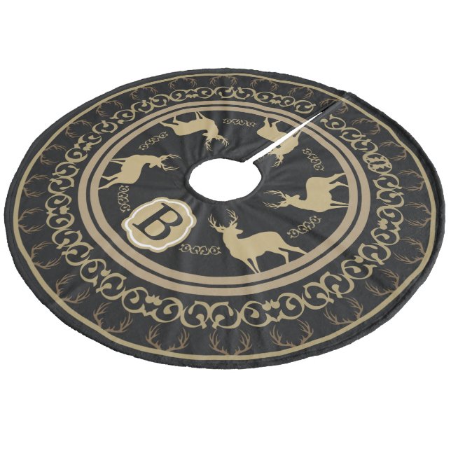 Farmhouse Glam Black & Taupe Deer Antlers & Bucks Fleece Tree Skirt (Angled)