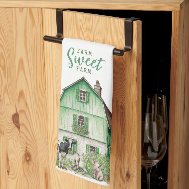 Farmhouse | Green Barn with Farm Animals Tea Towel (Thirds Fold)