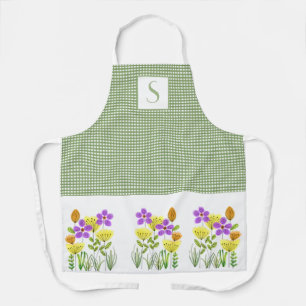 Farmhouse Green Gingham with Wildflowers Monogram  Apron