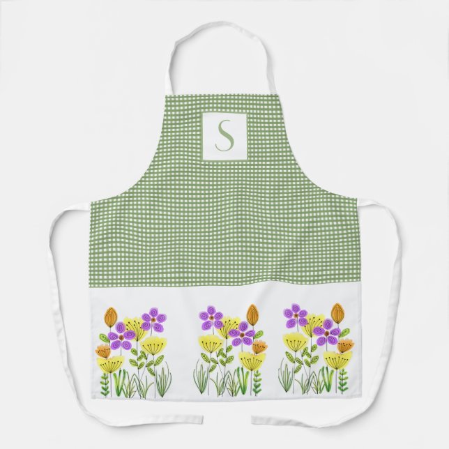 Farmhouse Green Gingham with Wildflowers Monogram  Apron (Front)