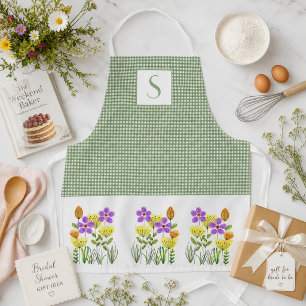 Farmhouse Green Gingham with Wildflowers Monogram Apron