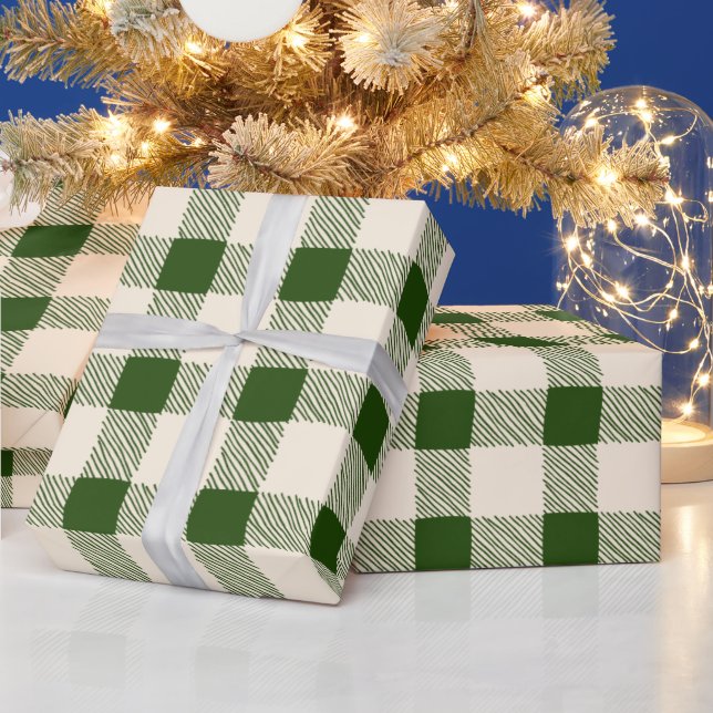 Farmhouse green off white hand drawn buffalo plaid wrapping paper (Holidays)