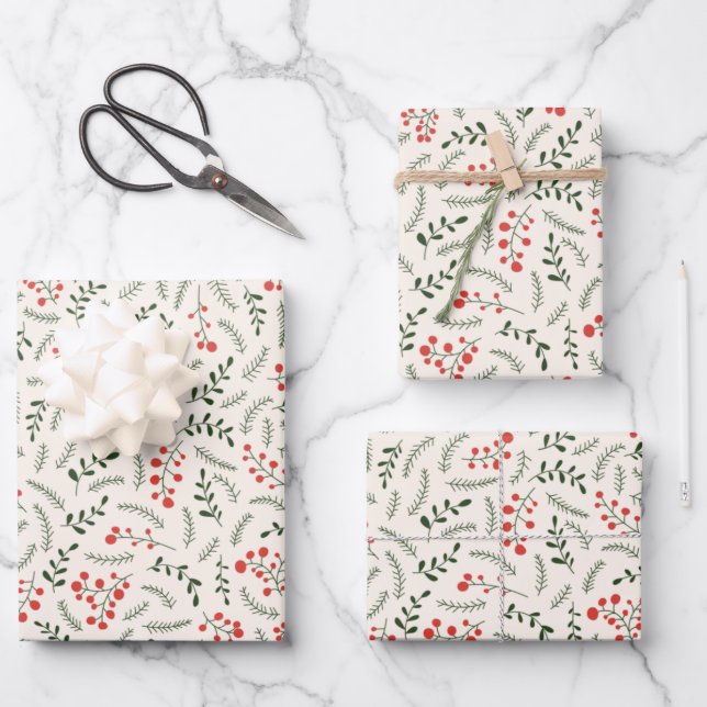 Farmhouse green red cream foliage pattern cute wrapping paper sheet (Front)