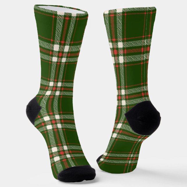 Farmhouse green red off white plaid cute Christmas Socks (Angled)