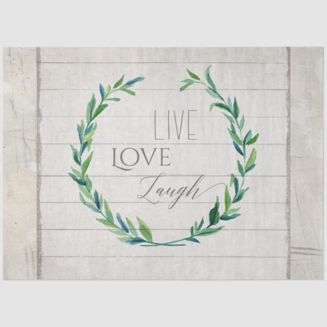 Farmhouse Greenery Watercolor Live Love Laugh Wood Tissue Paper (Front)