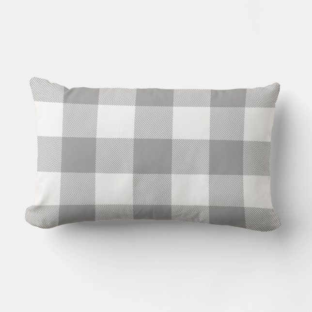 Farmhouse Grey Buffalo Check Plaid Rustic Outdoor Lumbar Cushion (Front)