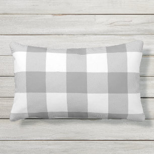 Farmhouse Grey Buffalo Check Plaid Rustic Outdoor Lumbar Cushion