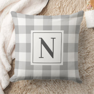 Farmhouse Grey Gingham Check Plaid Monogram Cushion
