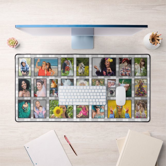 Farmhouse Grey Plaid Easy 25 Custom Photo Collage Desk Mat (Office 1)