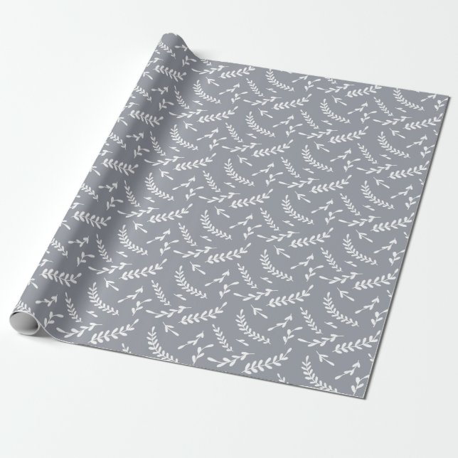 Farmhouse Grey White Winter Leaves Christmas Wrapping Paper (Unrolled)
