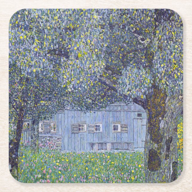 Farmhouse, Gustav Klimt Square Paper Coaster (Front)