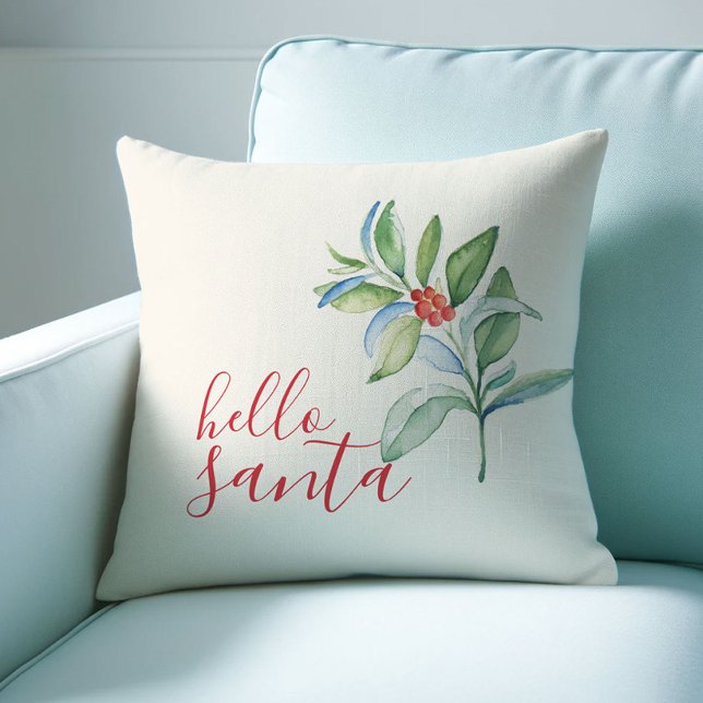 Farmhouse Holiday Pillows Watercolor Holly (Cute Christmas throw pillow botanical watercolor art by Victoria Grigaliunas Do Tell A Belle)