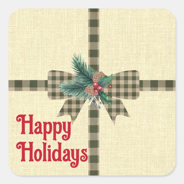 Farmhouse Holiday Plaid Bow Custom   Square Sticker (Front)
