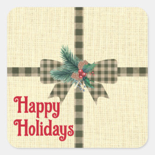 Farmhouse Holiday Plaid Bow Custom   Square Sticker