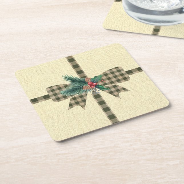 Farmhouse Holiday Plaid Bow Square Paper Coaster (Angled)