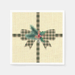 Farmhouse Holiday Plaid Bow Square Paper  Napkin