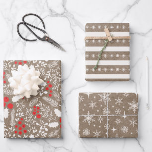 Farmhouse Holly Berries  White Rustic Kraft Wrapping Paper Sheet