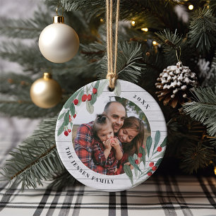 Farmhouse Holly Holiday Photo Personalised Ceramic Tree Decoration