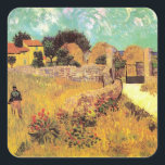 Farmhouse in Provence by Vincent van Gogh Square Sticker<br><div class="desc">Farmhouse in Provence by Vincent van Gogh is a vintage fine art post impressionism architectural painting featuring a landscape with a farmer in the meadows and a gate leading to a farm in the south of France. About the artist: Vincent Willem van Gogh was a Post Impressionist painter whose work...</div>