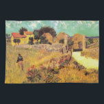 Farmhouse in Provence by Vincent van Gogh Tea Towel<br><div class="desc">Farmhouse in Provence by Vincent van Gogh is a vintage fine art post impressionism architectural painting featuring a landscape with a farmer in the meadows and a gate leading to a farm in the south of France. About the artist: Vincent Willem van Gogh was a Post Impressionist painter whose work...</div>