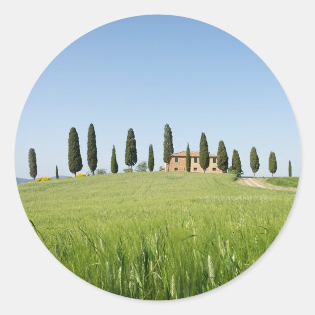 Farmhouse in Tuscany with cypresses round sticker (Front)