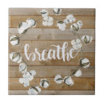 Farmhouse Inspiration - Breathe Tile<br><div class="desc">Farmhouse Inspiration II by Jennifer Paxton Parker. Features the word "Breathe" in cursive alongside a cotton wreath and wood plank background.</div>