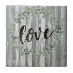Farmhouse Inspiration - Love Tile<br><div class="desc">Farmhouse Inspiration I by Jennifer Paxton Parker. Features "Love" in script with a beautiful green wreath and distressed wood panels.</div>