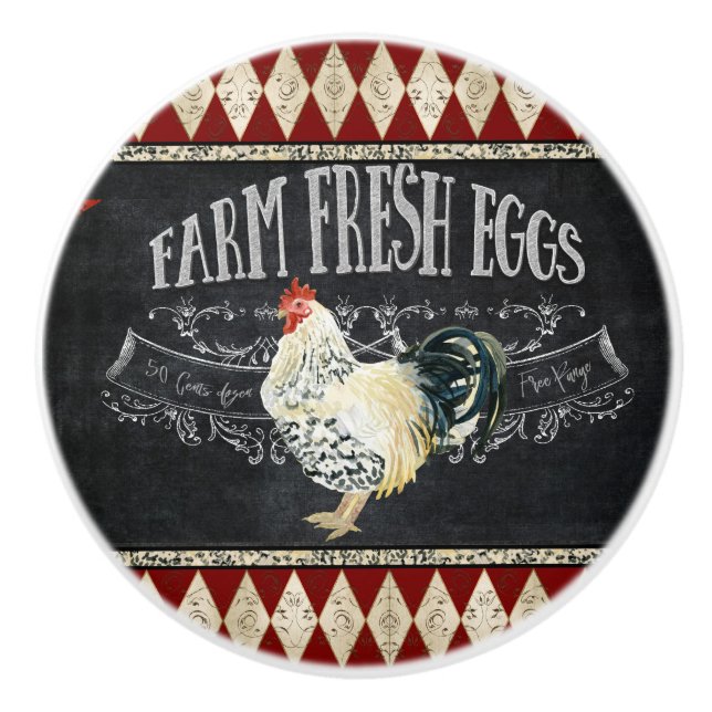 Farmhouse Kitchen Rooster Chalkboard Farm Fresh Ceramic Knob (Front)