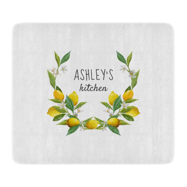 Farmhouse kitchen watercolor lemon personalised cutting board (Front)