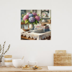 Farmhouse Kitchen with Hydrangea Flowers Poster