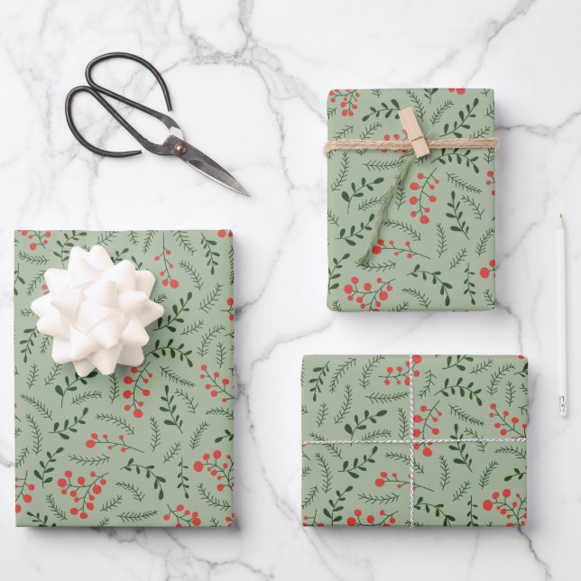 Farmhouse laurel green red foliage pattern cute wrapping paper sheet (Front)
