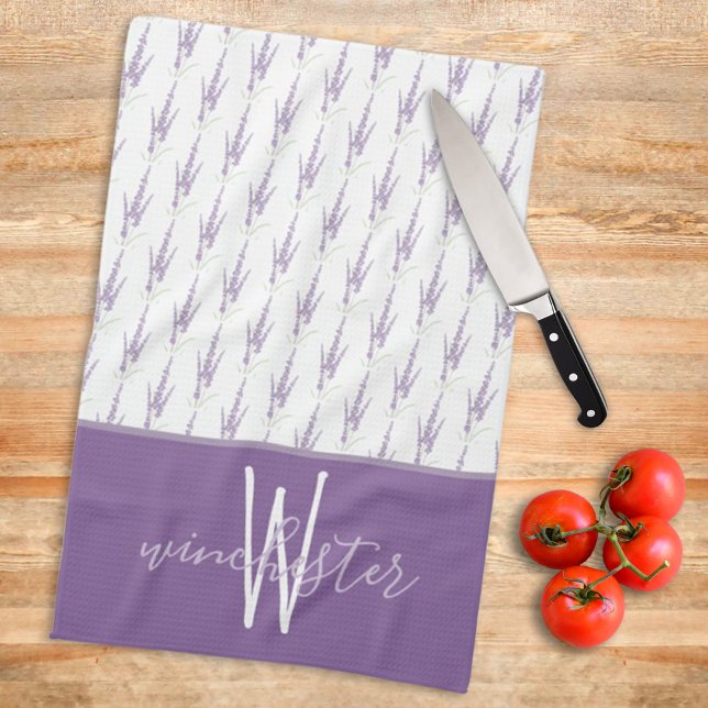 Farmhouse Lavender Flowers Custom Name Monogram Tea Towel (Creator Uploaded)