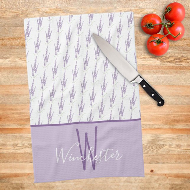 Farmhouse Lavender Flowers Custom Name Monogram Tea Towel (Creator Uploaded)