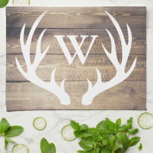 Farmhouse Light Barn Wood Planks Antlers Monogram Tea Towel