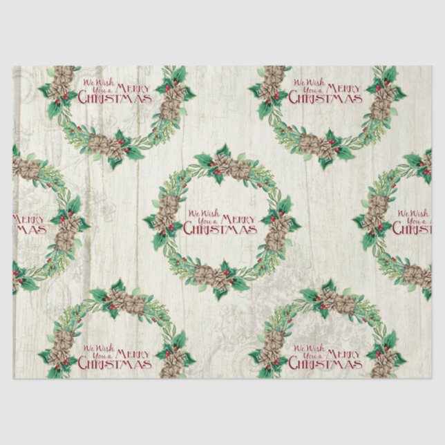 Farmhouse Merry Christmas Wreath Pine Cone Holly  Tissue Paper (Front)