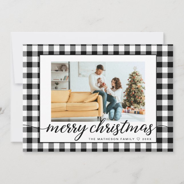 Farmhouse Modern black white Plaid Christmas Photo Holiday Card (Front)