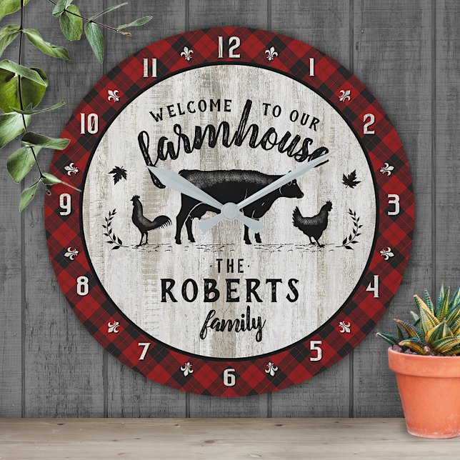 Farmhouse Name Rustic Buffalo Plaid Barn Wood Cow Round Clock (Creator Uploaded)