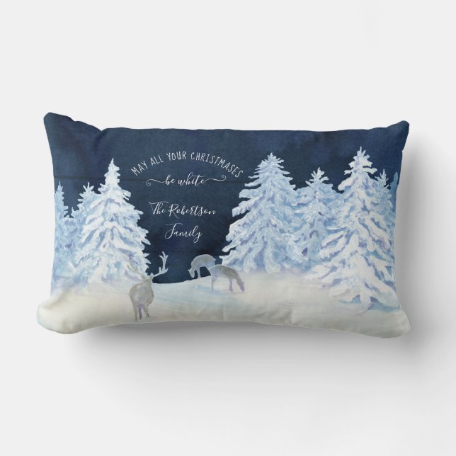 Farmhouse Navy Snowing White Christmas Family Name Lumbar Cushion (Front)