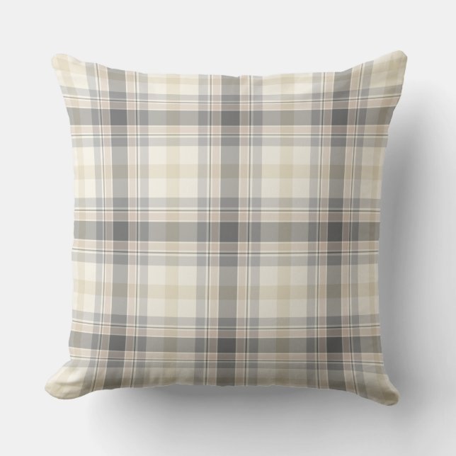 Farmhouse Neutral Plaid Pillow in Grey, Tan, Ivory (Front)