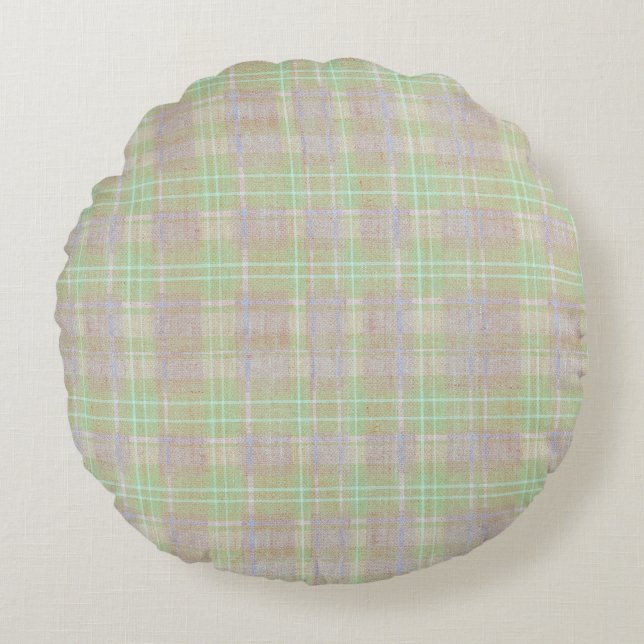 Farmhouse Neutral Sage Plaid Round Cushion (Front)