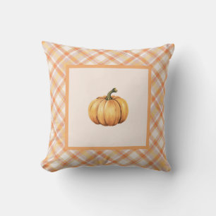 Farmhouse Orange Pumpkin Pastel Plaid Autumn  Cushion