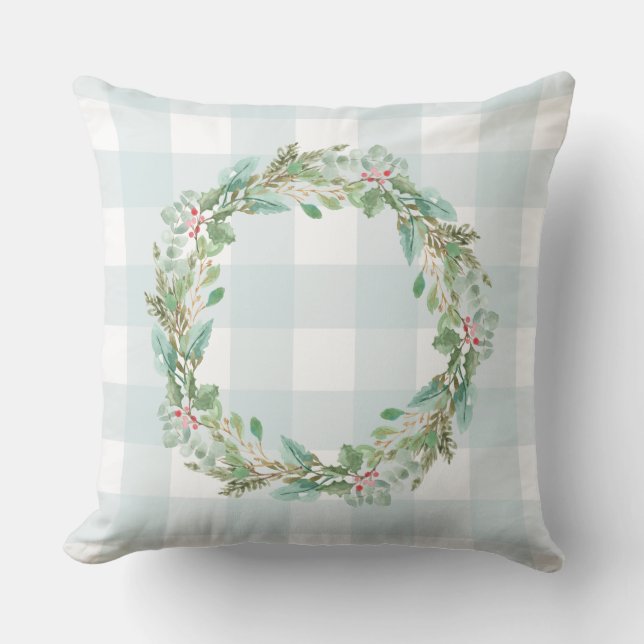 Farmhouse Pastel Blue Check Plaid Christmas Wreath Cushion (Front)