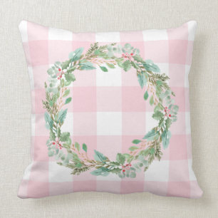Farmhouse Pastel Pink Check Plaid Christmas Wreath Cushion