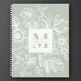 Farmhouse Peony Monogram Navy French Light Green Notebook