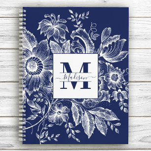 Farmhouse Peony Monogram Navy Vintage French Blue Notebook