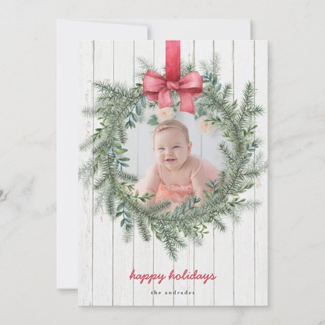 Farmhouse Photo Christmas Wreath Buffalo Check Holiday Card (Front)