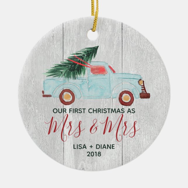 Farmhouse Pickup Truck Rustic Mrs Mrs Gay Newlywed Ceramic Tree Decoration (Front)