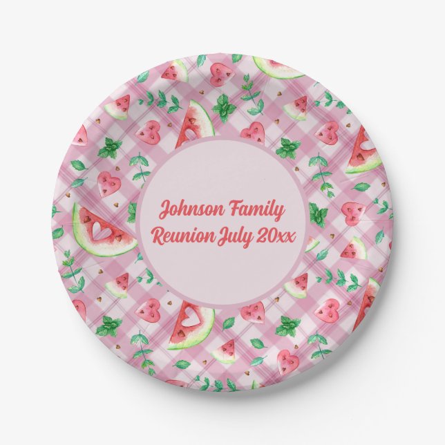 Farmhouse Picnic Watermelon Hearts Pink Gingham  Paper Plate (Front)
