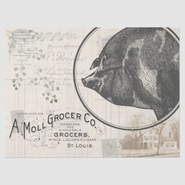 Farmhouse Pig Decoupage Tissue Paper Gift Wrap (Front)