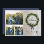 Farmhouse Pine Wreath 3 Photo | Christmas Letter Holiday Card<br><div class="desc">Affordable custom printed holiday photo cards with a simple template for customisation. This simple farmhouse inspired design features a wreath of pine branches and pinecones with a navy blue bow on a rustic weathered wood background. Add your personal family Christmas letter or year in review on the back side. Use...</div>